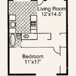 Cascade Apartments 1 bedroom floor plan. bedroom 11x17 and living room 12x14.5