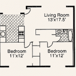 Cascade Apartments 2 bedroom floor plan. Bedrooms 11x12 and living room 13x17.5.