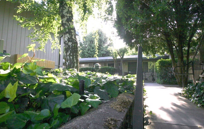 Sherwood Apartments exterior with walkways and lush landscaping