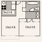Viking Apartments one floor floor plan. 10x14 foot bedroom with bathroom and 10x14 foot living/dining area. 9x13 ft kitchen