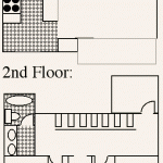 Viking Apartments floor plan. 1st floor 15x19.5 ft kitchen and living room. 2nd floor 2 11x14 ft bedrooms and one bathroom